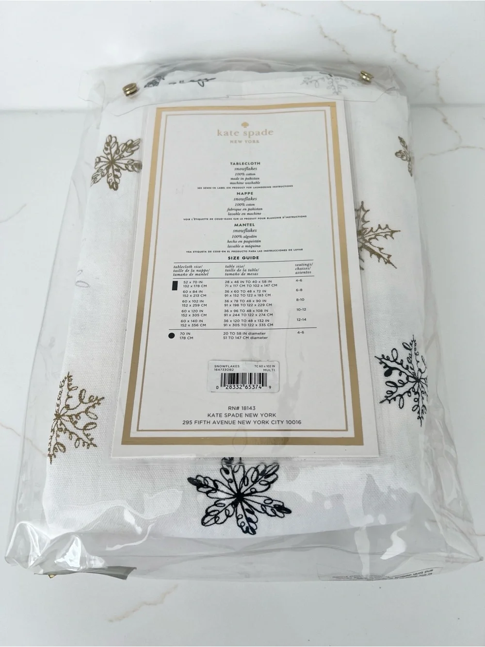 NWT kate spade White Tablecloth with Gold, Black & Silver Snowflakes 60x102”